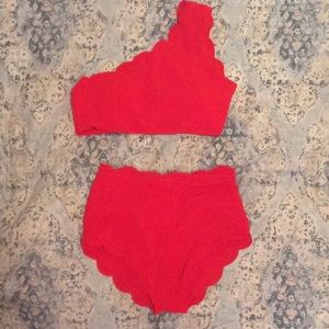 Red Scalloped High Waist Bikini